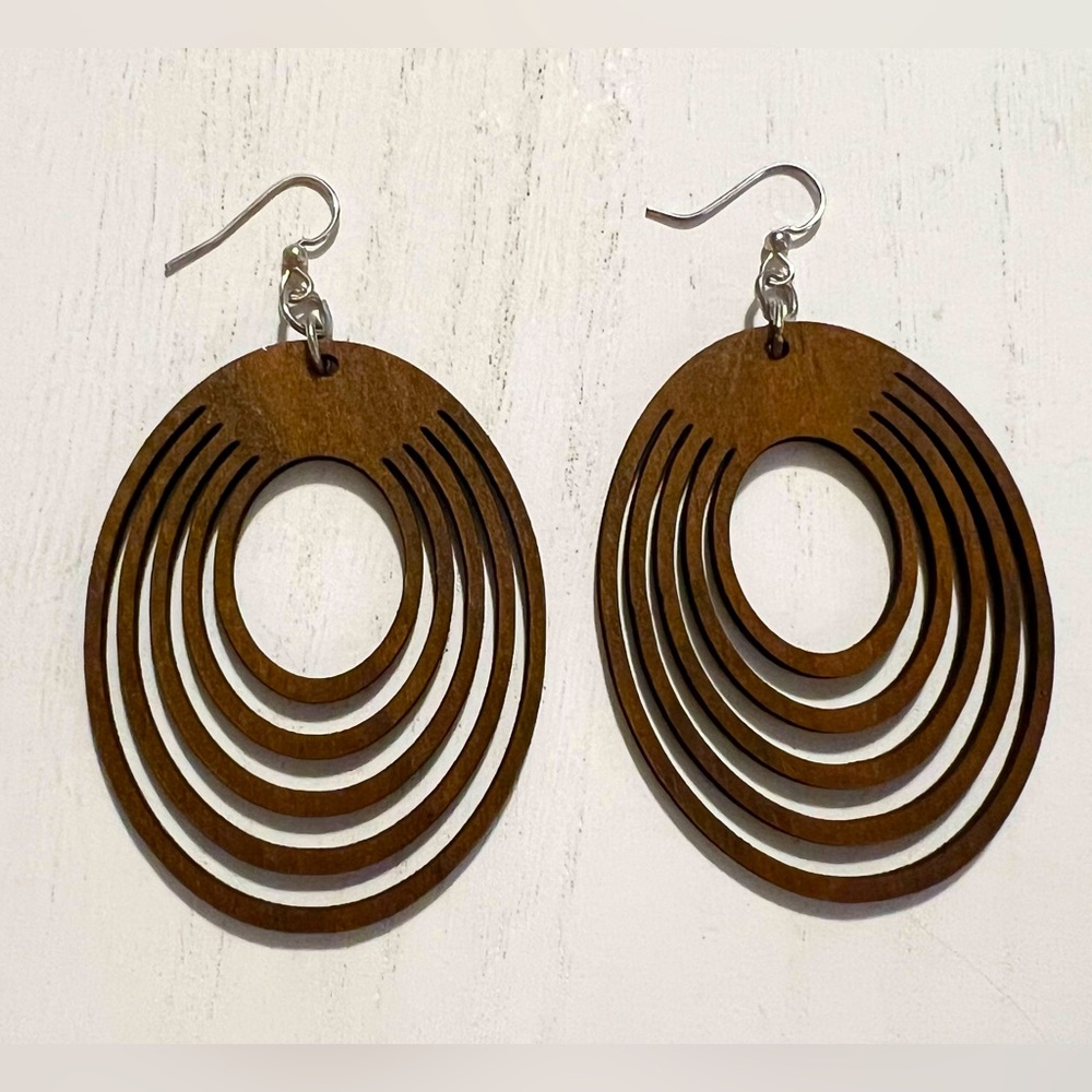 Brown Wooden Oval Shaped Dangle Earrings